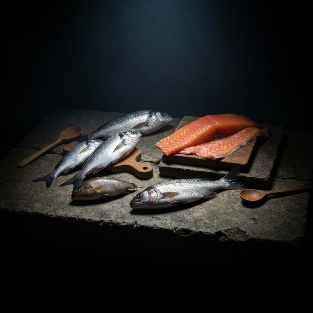 Fresh fish and salmon on stone